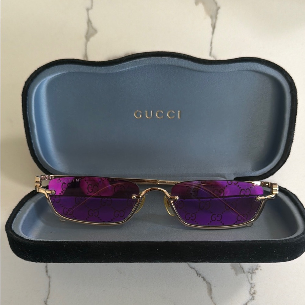 Gucci Gold Frame Sunglasses with Purple Logo Lenses